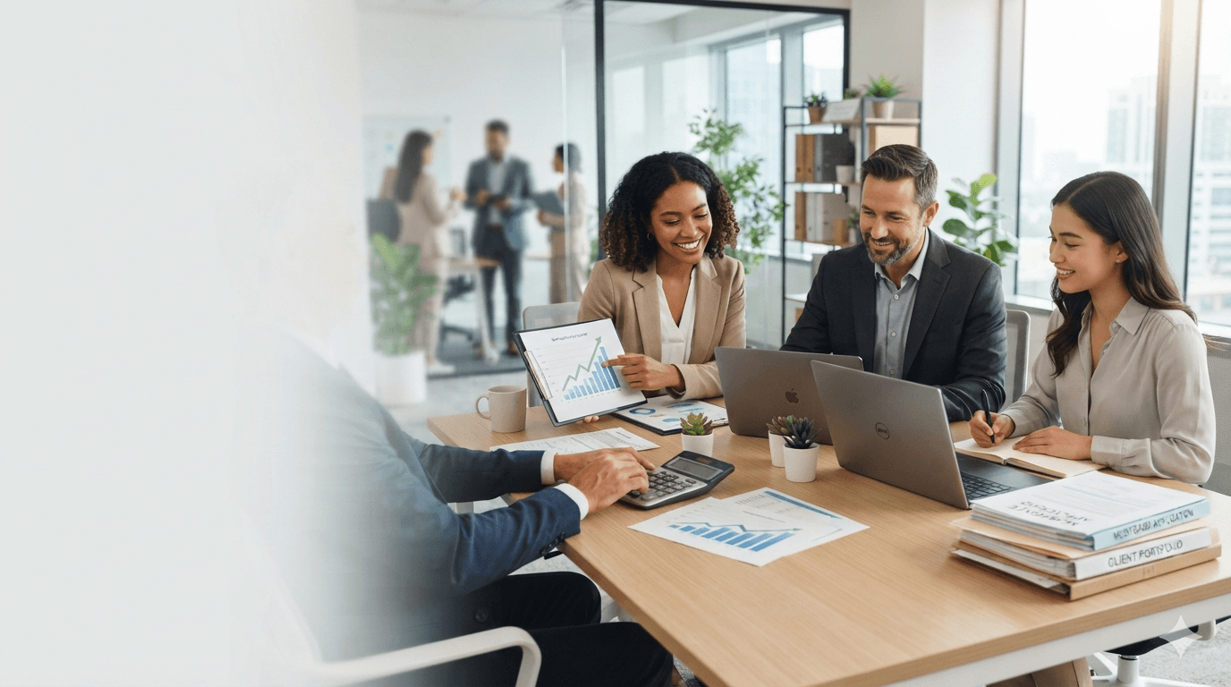 Mortix team working with mortgage calculator and financial tools in office