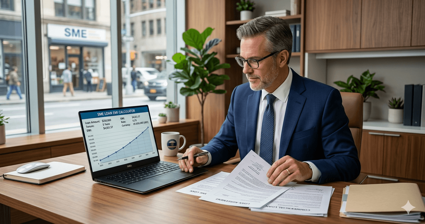 USA SME owner checking business loan eligibility and EMI on laptop 2026