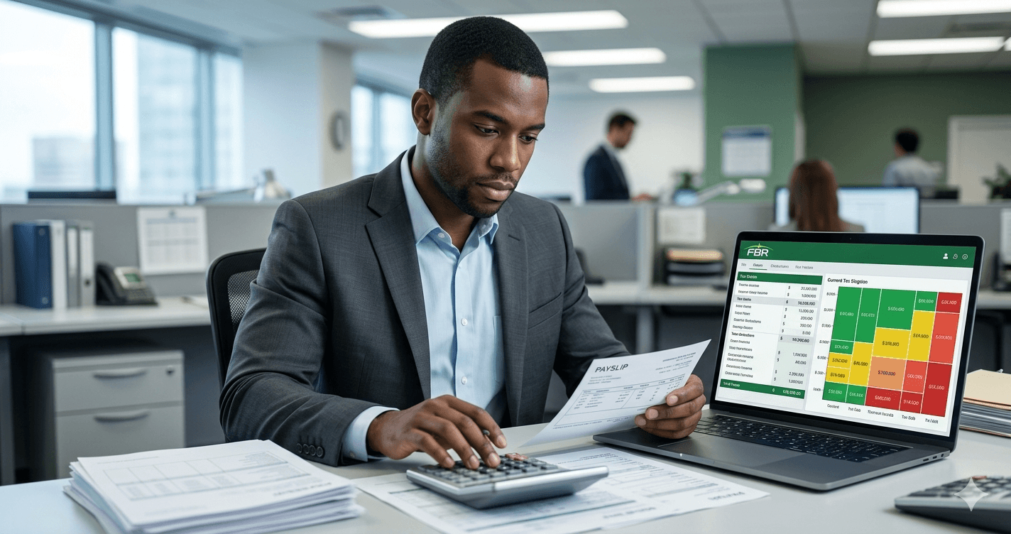 USA employee calculating FBR salary tax with payslip and tax slabs 2026